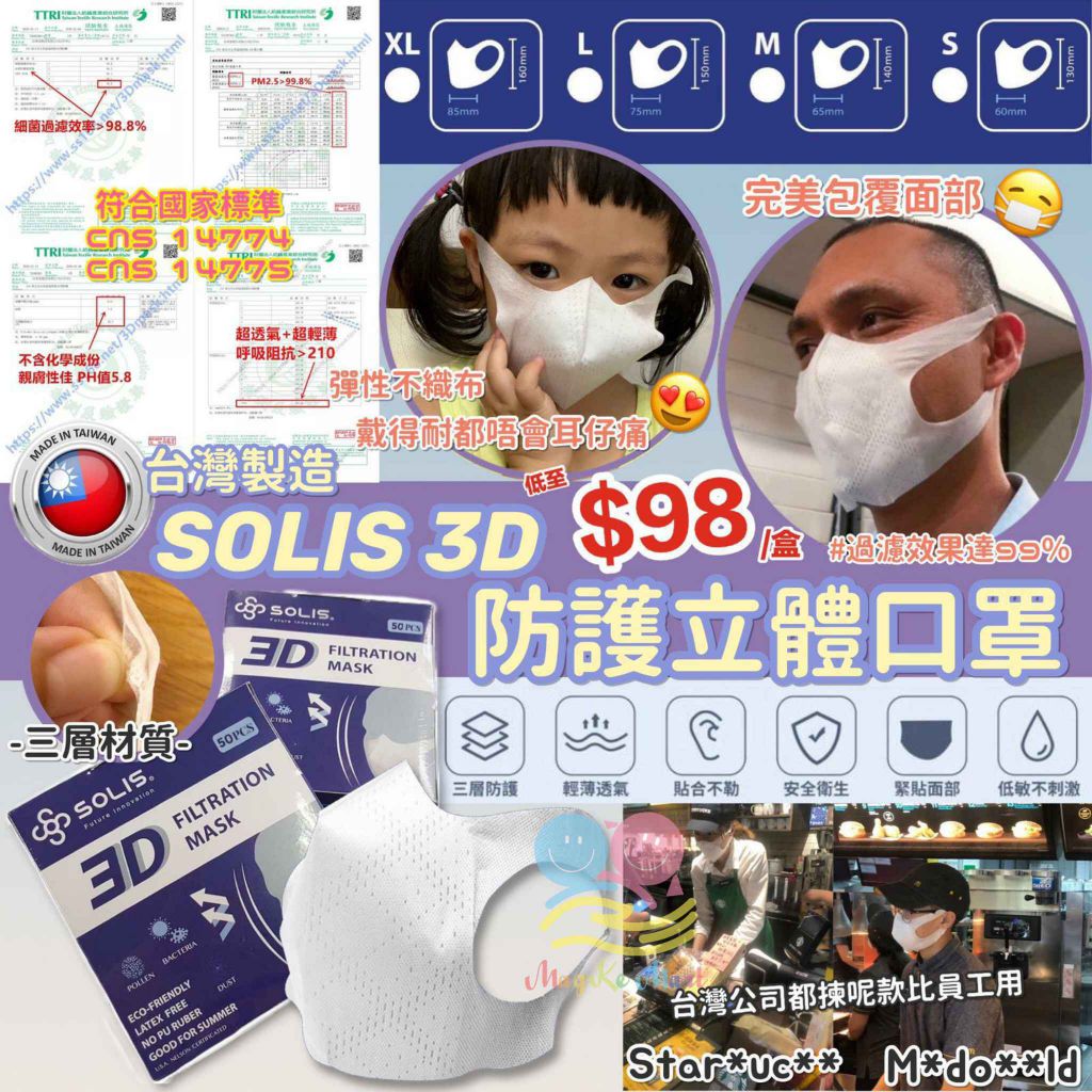 台灣 SOLIS 3D防護立體口罩(1套2盒，各30個共60個)