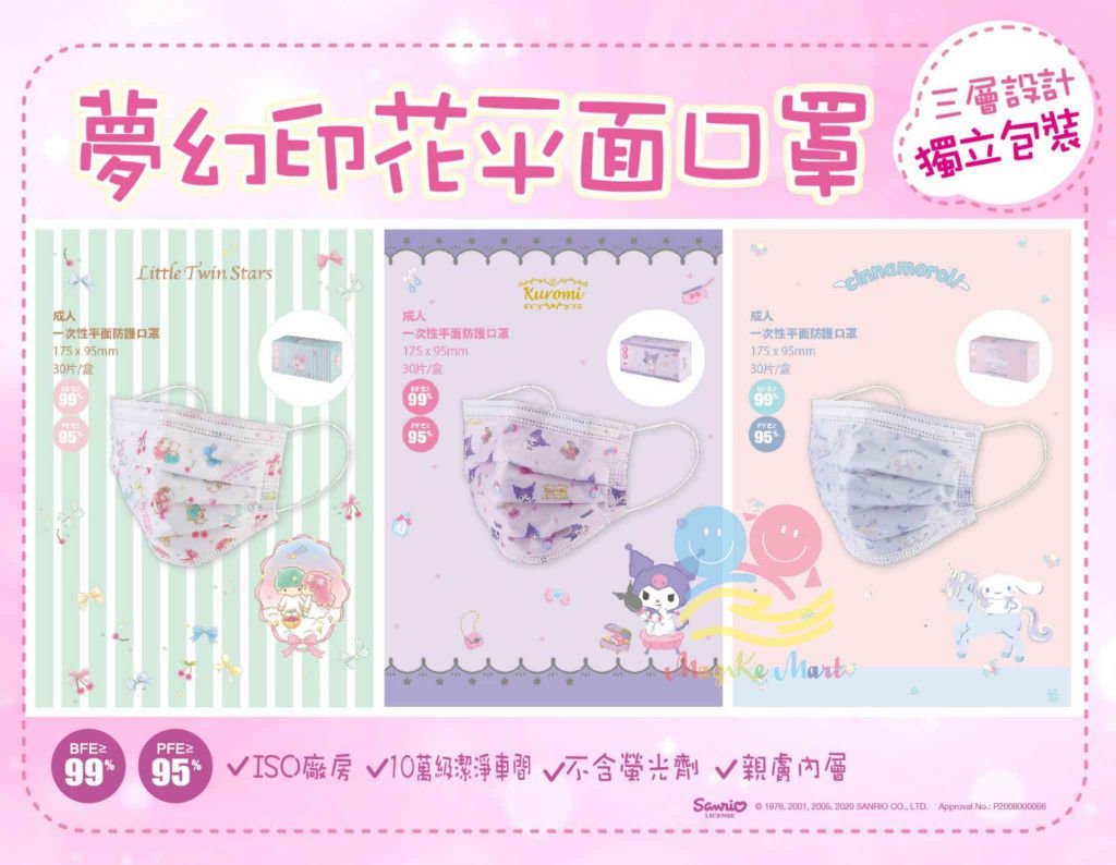 Sanrio 夢幻印花平面成人口罩(1盒30個)(獨立包裝)