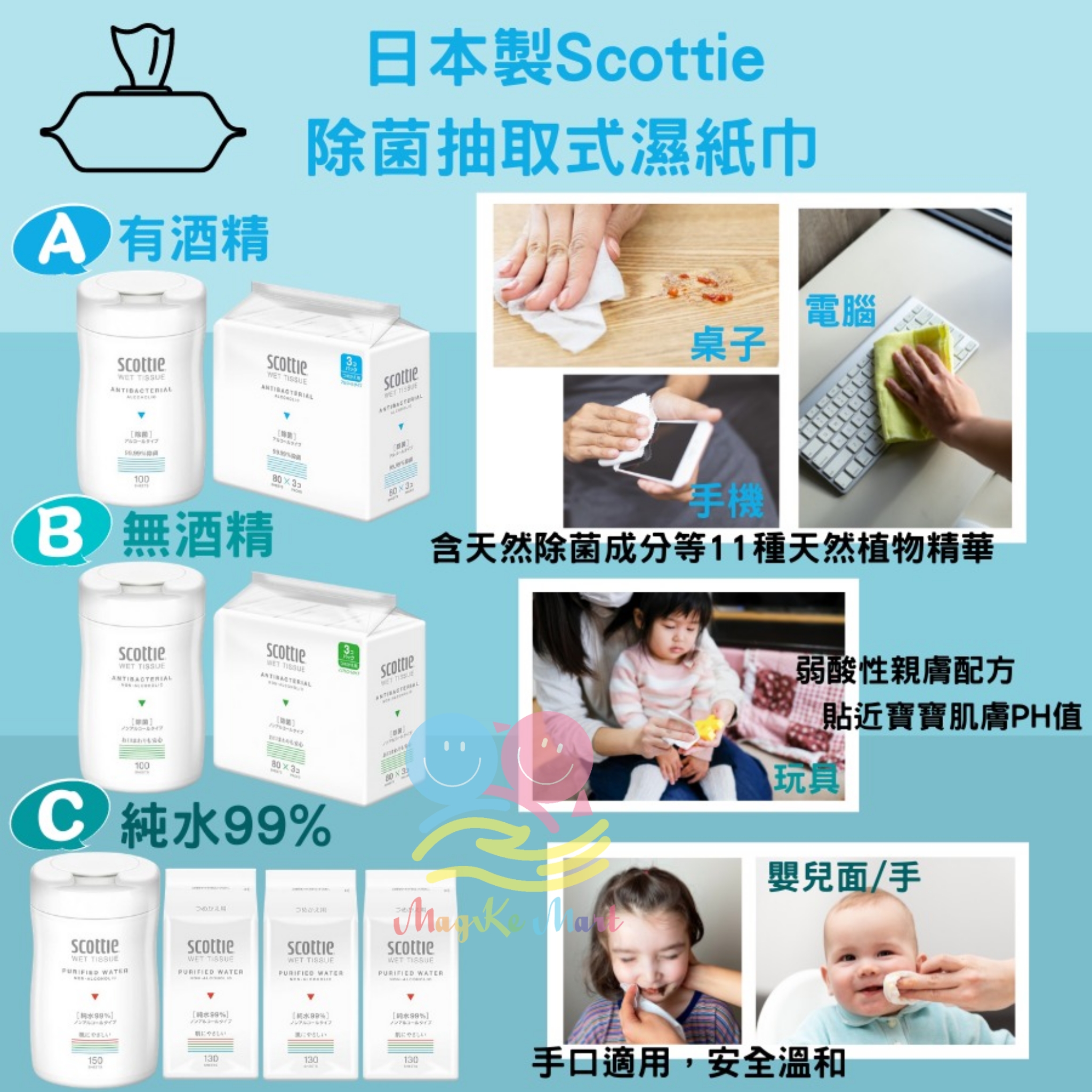 日本 Scottie 除菌抽取式濕紙巾套裝 (C) 純水99% (本體150枚＋補充裝130枚x3)