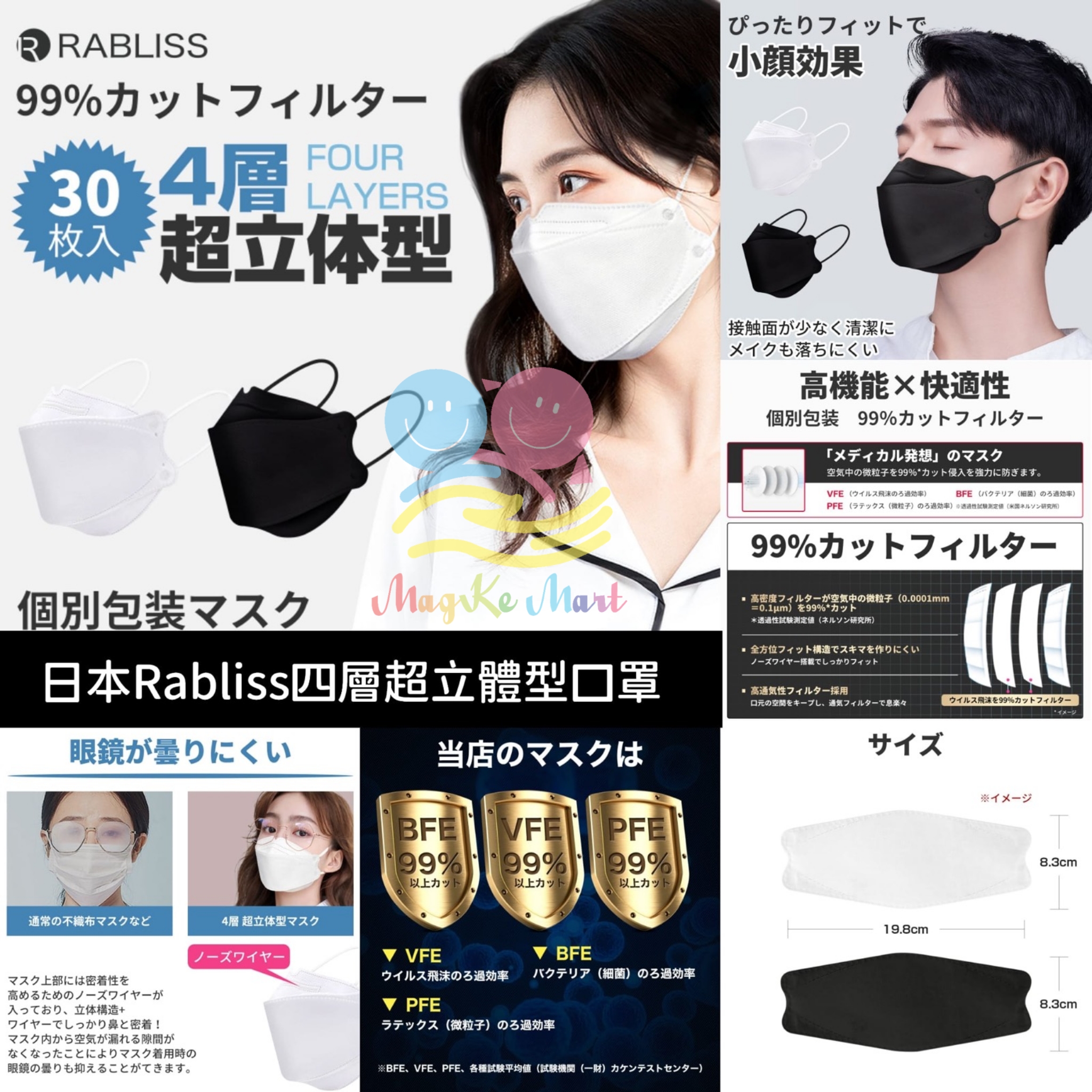 日本 Rabliss 四層3D立體口罩(1盒30個)(獨立包裝) (B) 黑色