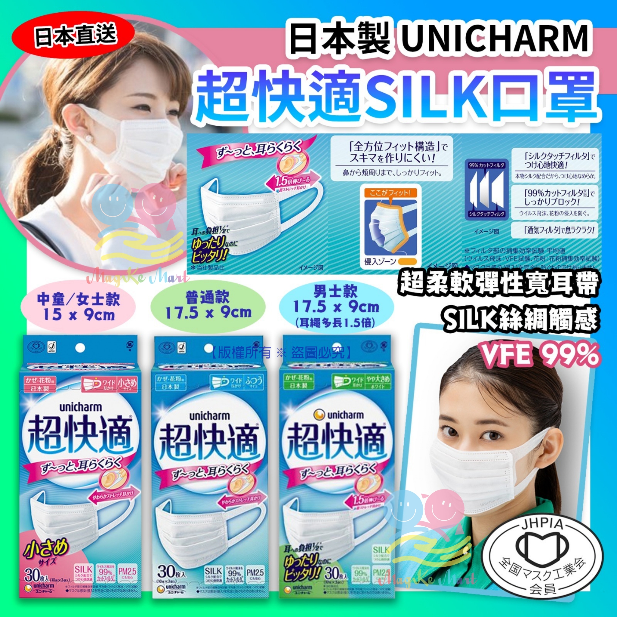 日本 UNICHARM 超快適SILK口罩(1盒30個)(非獨立包裝) (C) 男士款