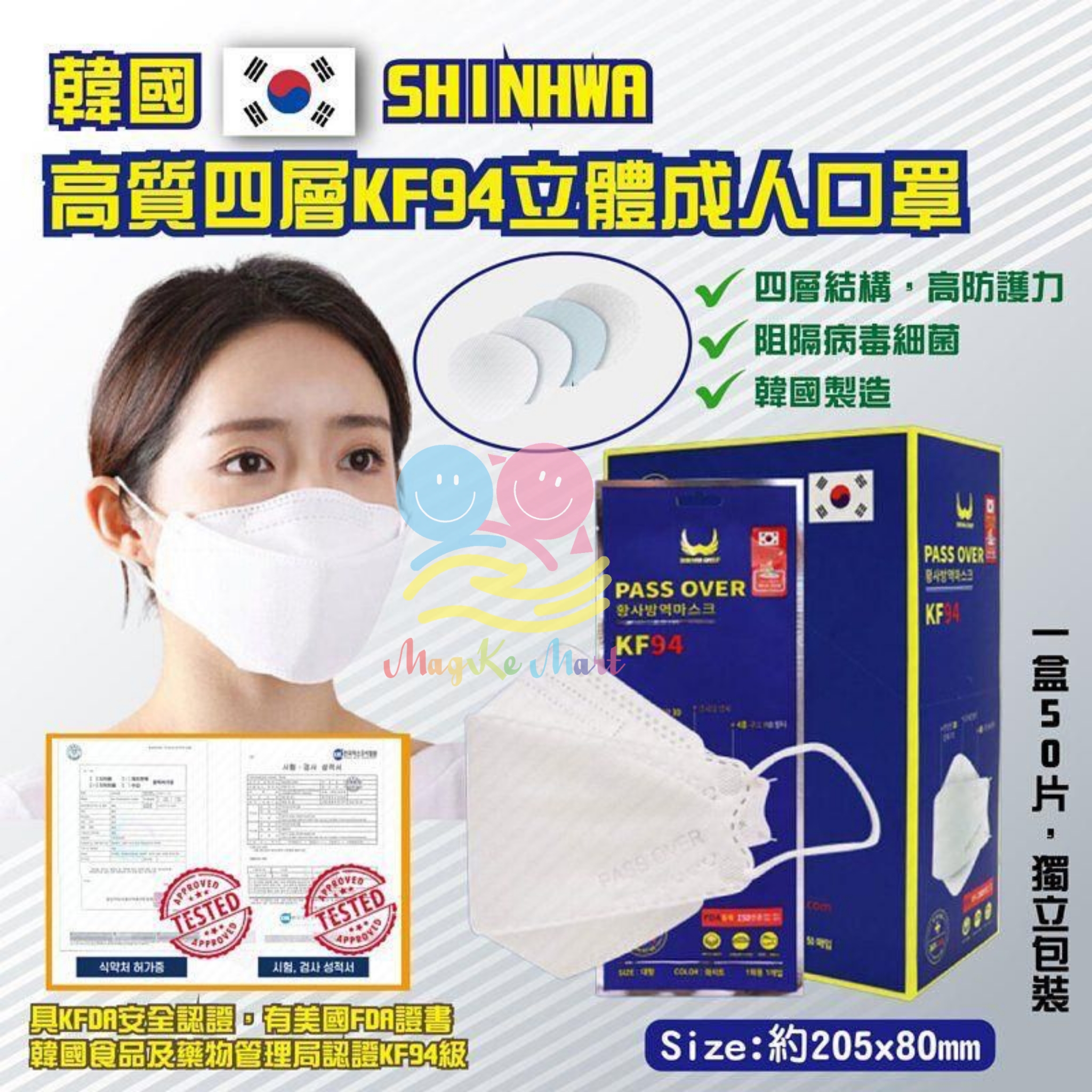 韓國 PASS OVER SHINHWA 4層KF94成人口罩(1盒50個)(獨立包裝)(藍盒)