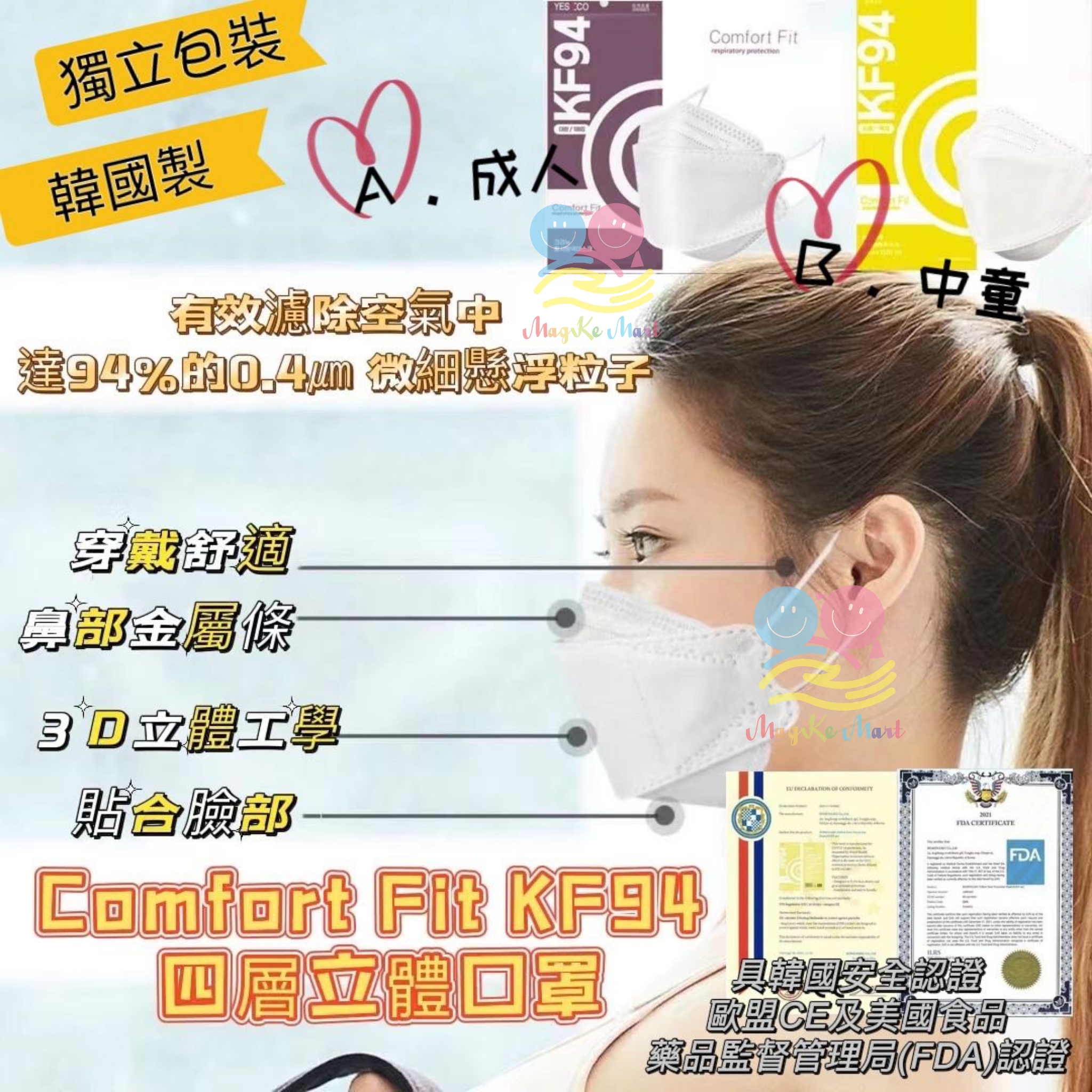 韓國 Comfort Fit KF94 四層防疫立體口罩白色款(1盒50個)(獨立包裝) (B) 中童/小顏女士