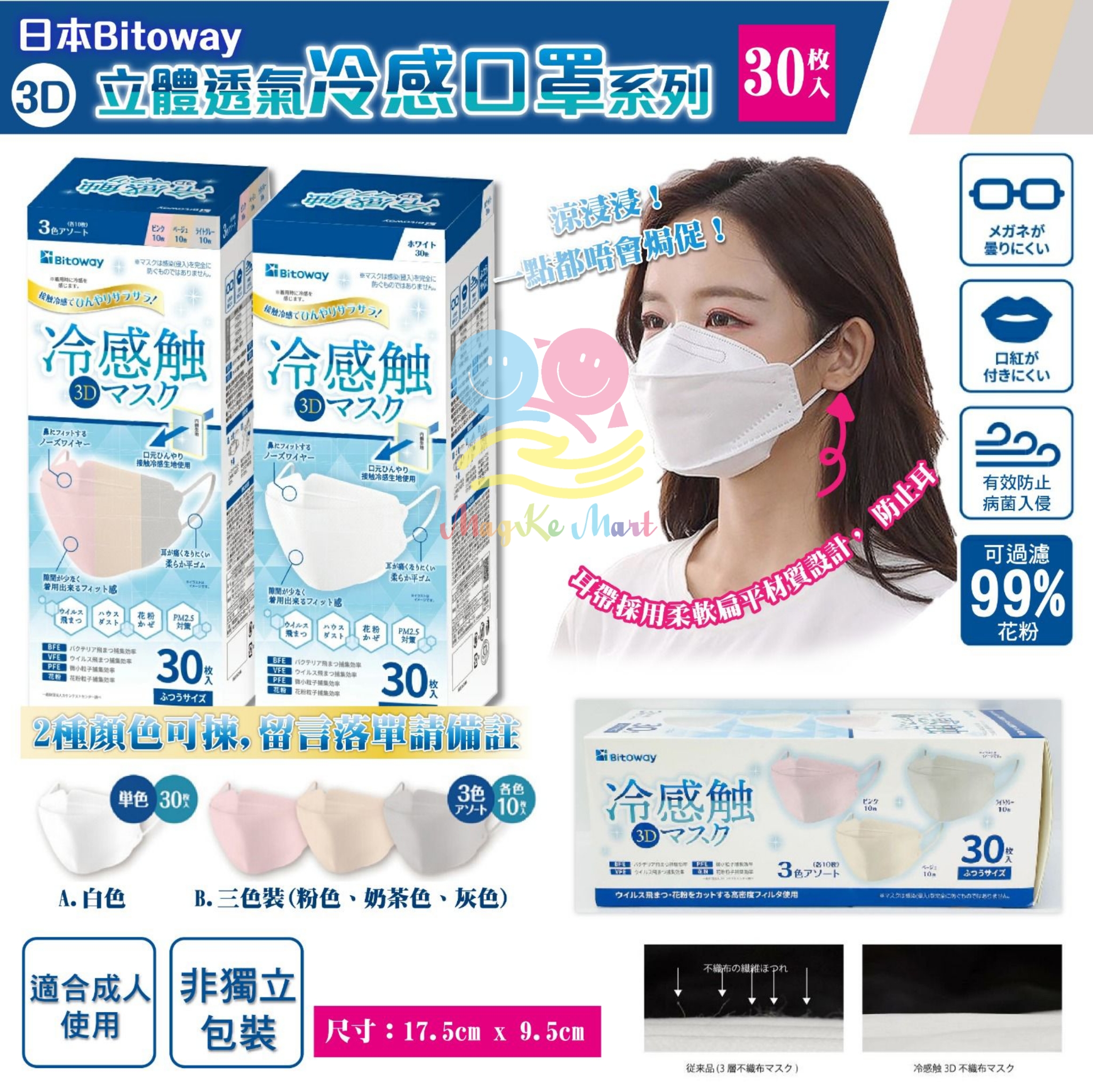 日本 Bitoway 3D立體透氣冷感成人口罩系列(1盒30個)(非獨立包裝) (B) 三色裝(粉色、奶茶色、灰色)