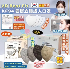 (New)韓國 2D Best Fit KF94 四層立體成人口罩(1套100個)(獨立包裝)