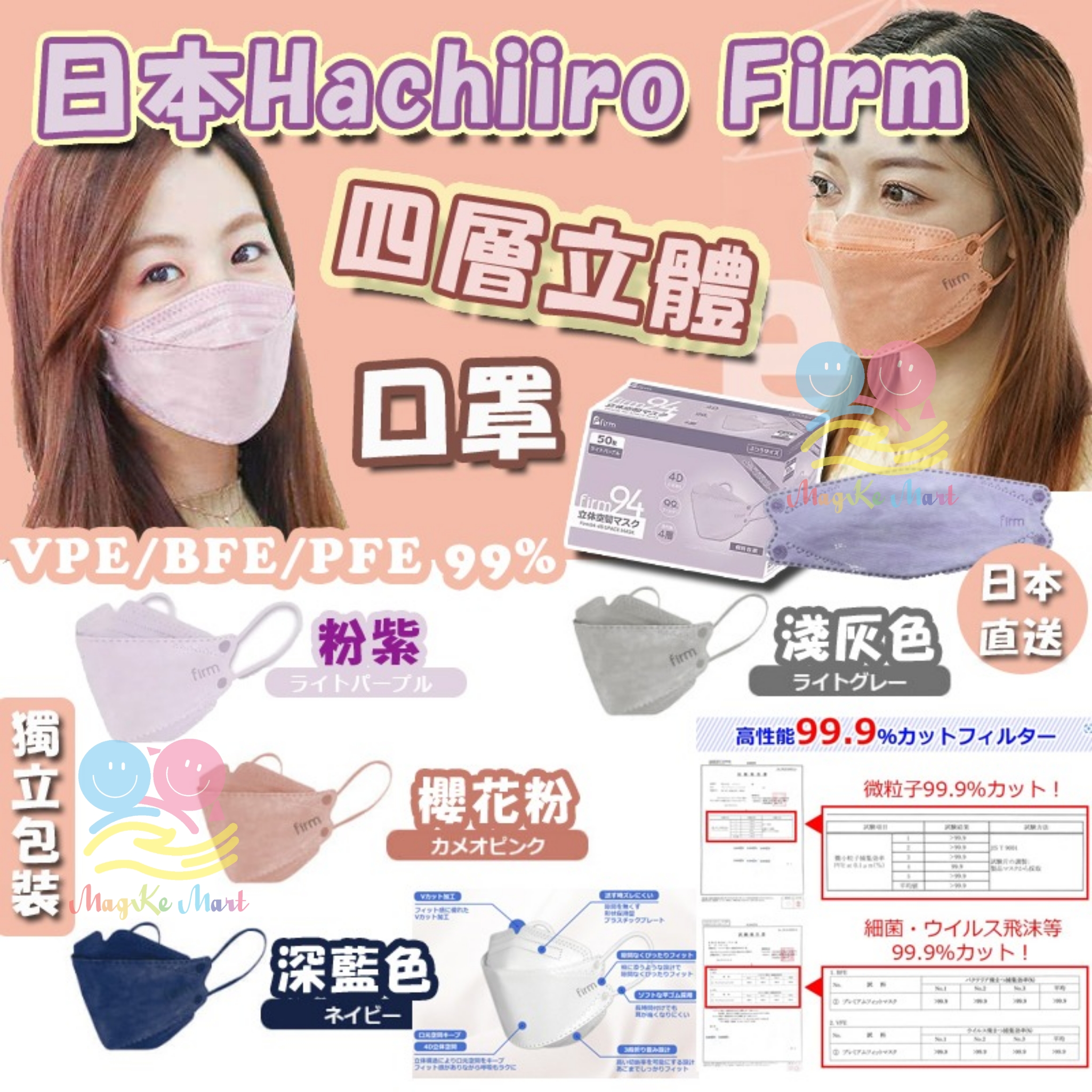 日本 Hachiiro Firm 四層立體成人口罩(1盒50個)(獨立包裝)