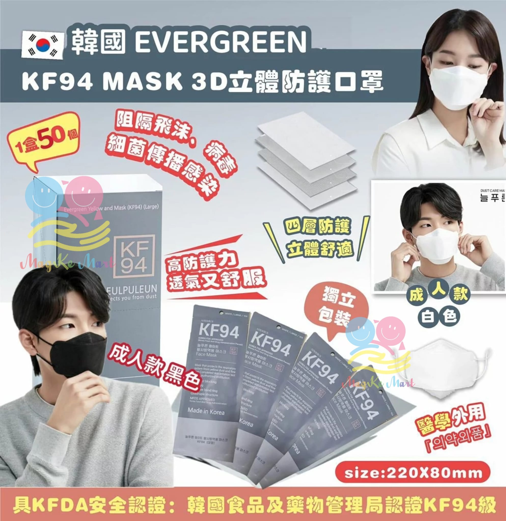 韓國 EVER GREEN KF94 四層3D立體防護成人口罩(1盒50個)(獨立包裝)