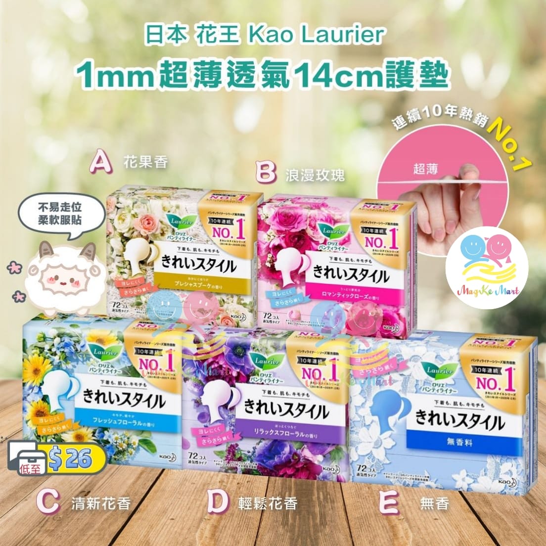 日本花王 Kao Laurier 1mm超薄透氣14cm護墊 (1包72片)